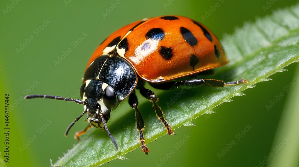 Fototapeta premium Harlequin ladybird (Harmonia axyridis) adult eating aphid. Predatory beetle in family Coccinellidae feeding on blackfly