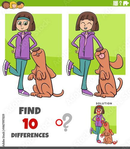 differences puzzle game with cartoon girl and her dog