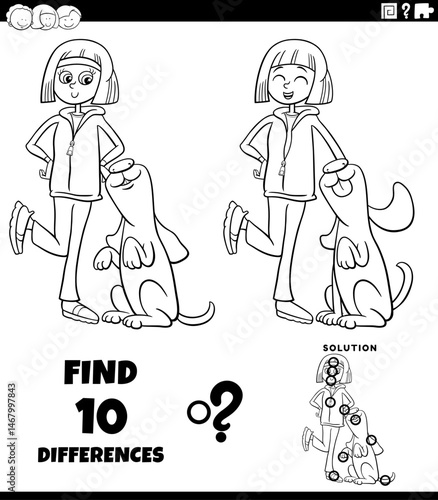 differences puzzle game with cartoon girl and her dog coloring page