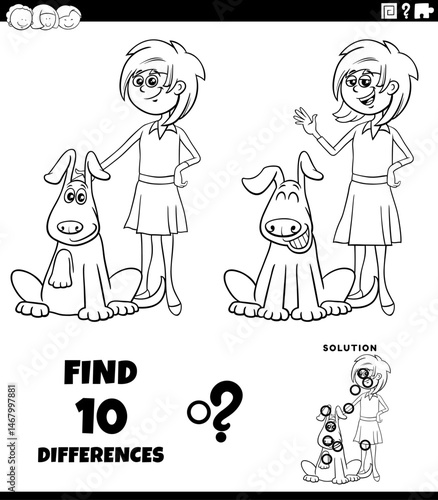 differences puzzle activity with cartoon girl and her dog coloring page