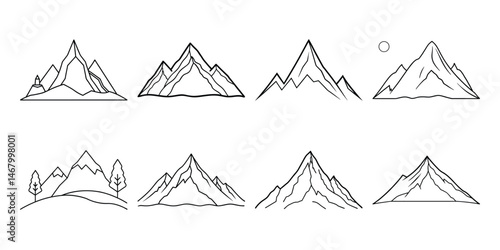 One line drawing mountain landscape. mountains and mountain vector set. Nature. One continuous line isolated minimal illustration.