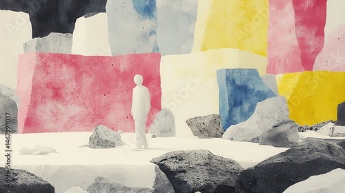 Abstract figure in colorful block landscape whimsical minimalist composition evoking serenity imagination and introspection watercolor elements
