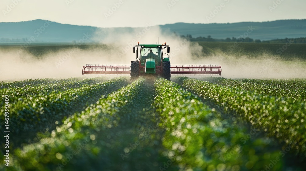 Fototapeta premium Tractor Spraying Crops in Sunny Field.