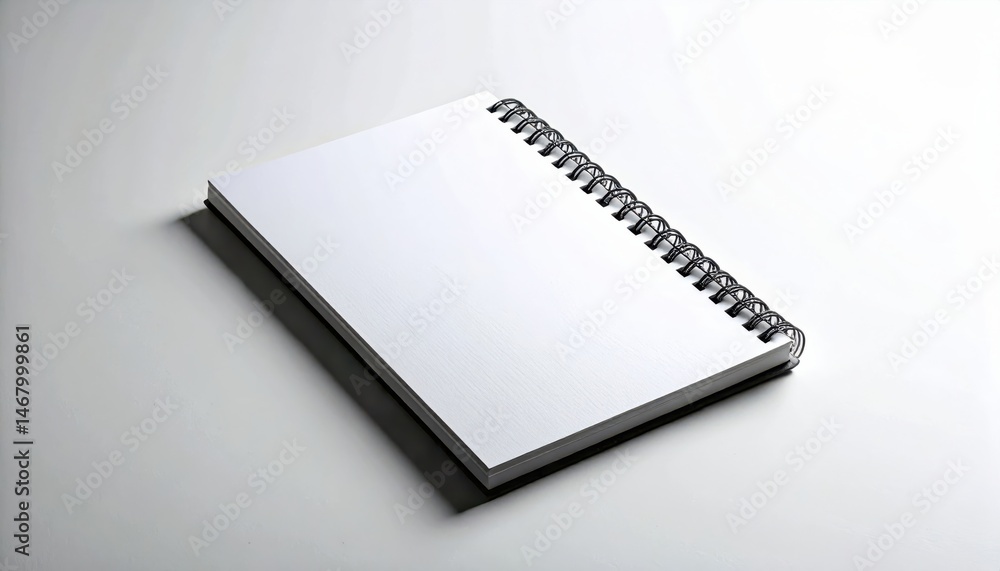 A blank spiral notebook lies on a smooth surface, ready for notes or sketches, featuring an unmarked white cover A blank spiral notebook lies on a smooth surface, ready for notes or sketches, featuring an unmarked white cover