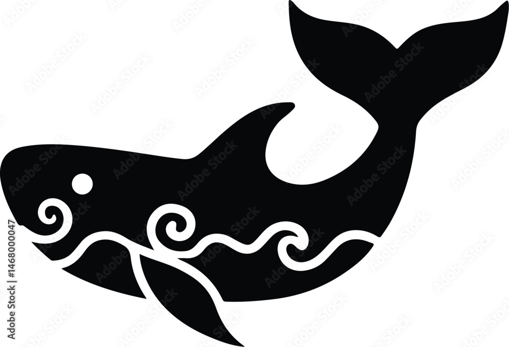 Obraz premium Stylized Whale Filled with Ocean Waves | Decorative Whale Silhouette with Wave Motifs and Marine Patterns, Perfect for Coastal Wall Art, Tattoos, and Sea-Themed Graphic Design