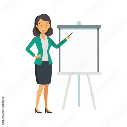 Female manager giving presentation at whiteboard on transparent background
