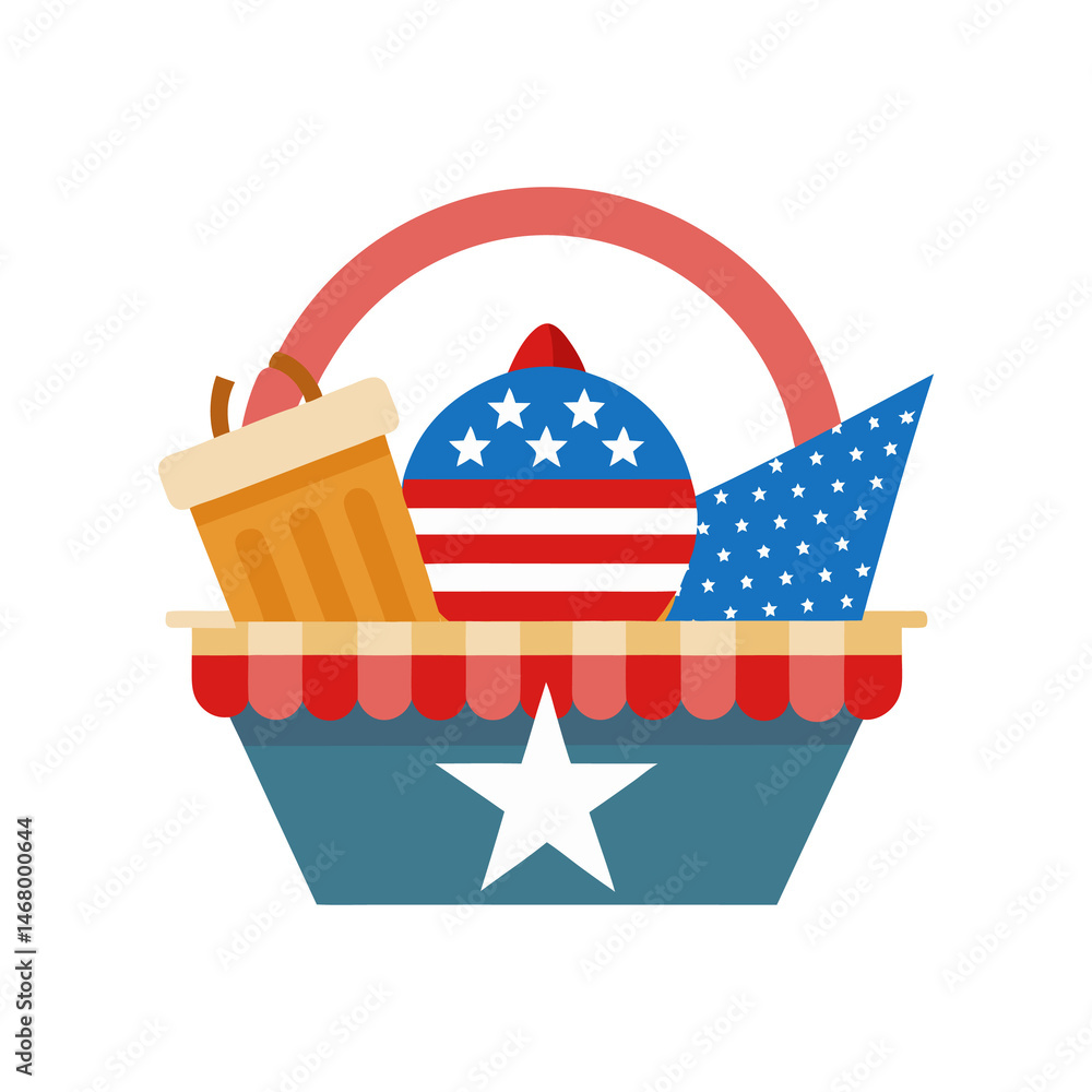 Picnic basket with american theme on transparent background Picnic basket with american theme on transparent background