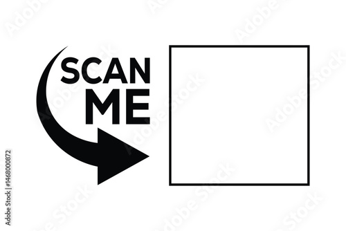 Black-and-white minimalist design: "SCAN ME" in bold text within a curved right-pointing arrow, surrounded by rectangular camera viewfinder frames. Clean, high-contrast graphic for digital marketing, 