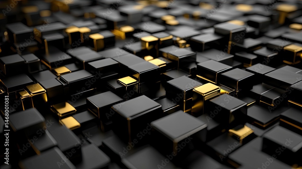 Obraz premium Golden Glitch Abstract Black and Gold Cube Array Background.