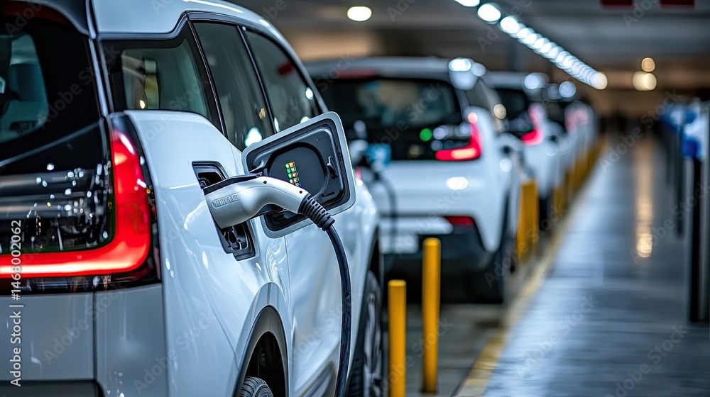 Electric Avenue EVs charging in a modern parking garage Ecofriendly future. Electric Avenue EVs charging in a modern parking garage Ecofriendly future.