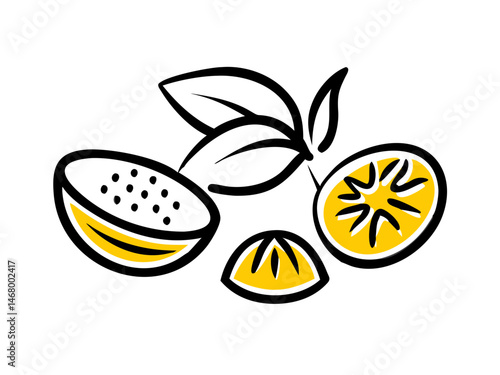 Vector illustration of stylized tropical fruits with yellow pulp and leaves. Hand-drawn black outline design perfect for juice logos, summer graphics, organic product labels, or healthy food packaging