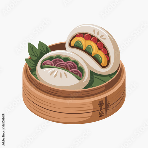 Baozi Steamed Buns with Colorful Vegetable Filling in Bamboo Steamer