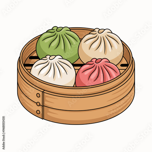 Baozi Steamed Buns with Colorful Vegetable Filling in Bamboo Steamer