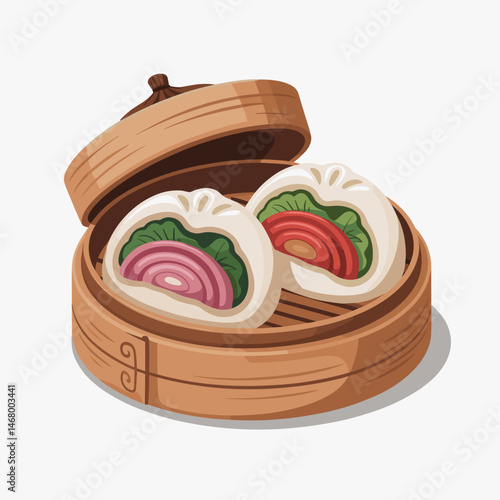 Baozi Steamed Buns with Colorful Vegetable Filling in Bamboo Steamer