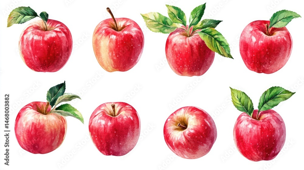 Watercolor Apples Fresh with Ripe, and and Ready to Eat Isolated Set. Watercolor Apples Fresh with Ripe, and and Ready to Eat Isolated Set.