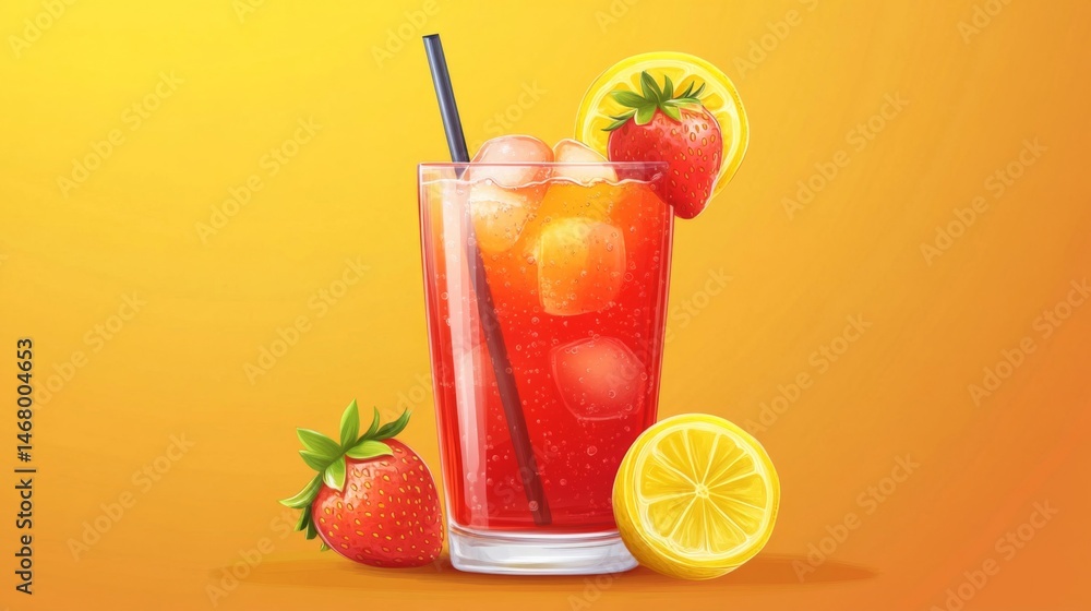 Fototapeta premium Refreshing Strawberry Lemon Iced Drink in Tall Glass