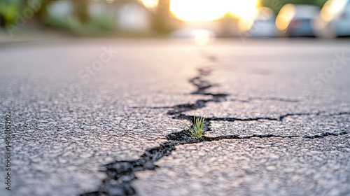 Fototapeta Naklejka Na Ścianę i Meble -  A close-up of the asphalt on an empty street, with small cracks and stones visible