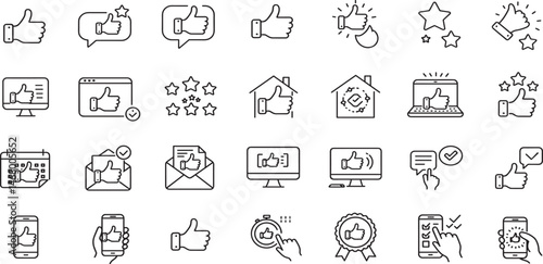 Thumb up and like gesture editable stroke outline icons set isolated on white background flat vector illustration