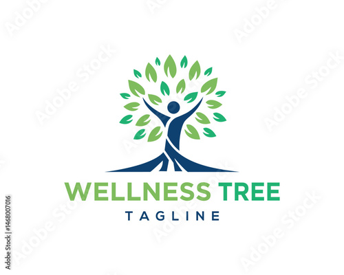 Wellness tree logo design person celebrating life and growth green leaves isolated symbol for health and wellbeing