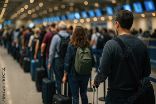 A Chaotic Scene at the Airport: Long Lines of Passengers Waiting with Their Luggage, a Stressful Moment Before Boarding and a Symbol of the Transporting Journey Ahead

