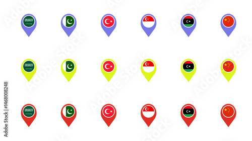 Country map pointer set. Location pin Costa Rica flag icon. Country location symbol, national World Flags icons, Map markers design template illustration 