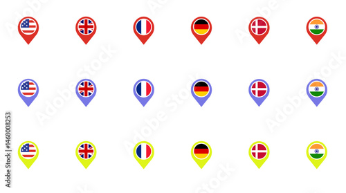 Country map pointer set.  Location pin Costa Rica flag icon. Country location symbol, Map markers design template illustration 