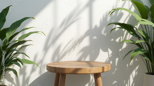 Wooden round side table with green tropical plant leaves with beautiful sun light and shadow on white wall. 3D render product display for nature, organic, spa, health, cosmetic, beauty background.