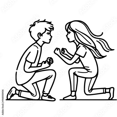 Two children, brother and sister playfully quarreling and arguing in line drawing style, vector outline of one line