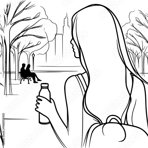 Young woman with long hair walking in park holding drink against cityscape background, rear view close up, one line outline vector