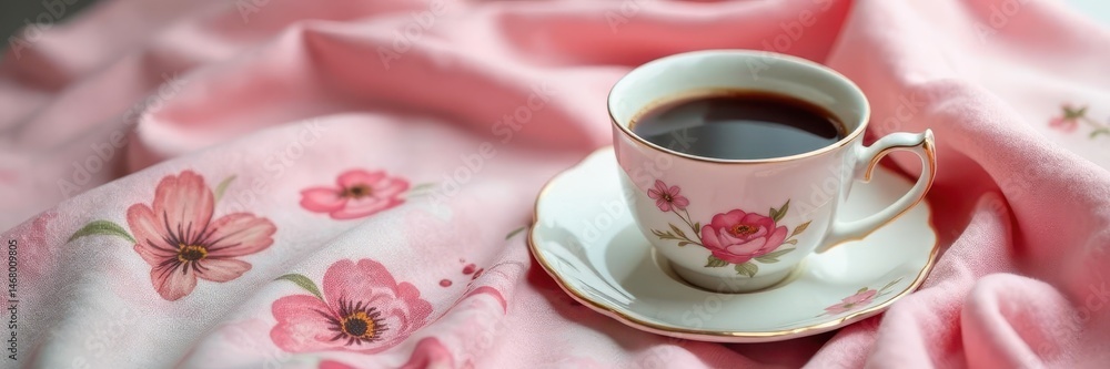 Fototapeta premium Pastel pink floral blanket, coffee in a fine china cup , white flowers, whimsical, soft