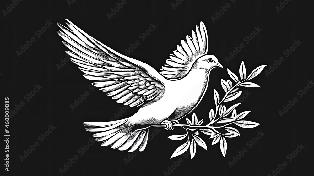 Obraz premium Dove of Peace Olive Branch Symbol on Black Backdrop.
