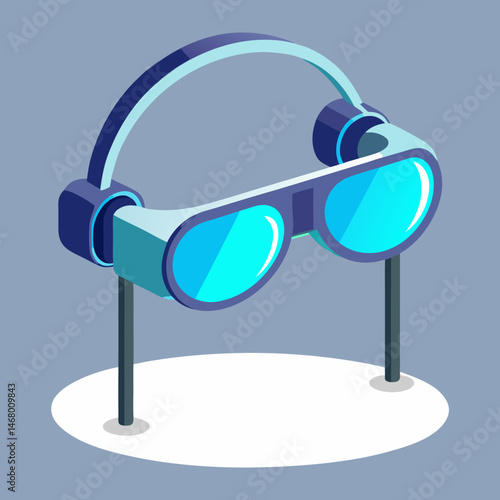 3D glasses with headphones resting on a stand, showcasing a setup for immersive viewing and audio experiences.
