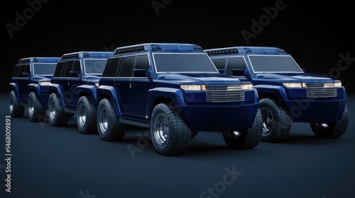 Fleet of Dark Blue Armored SUVs on Dark Blue Surface.