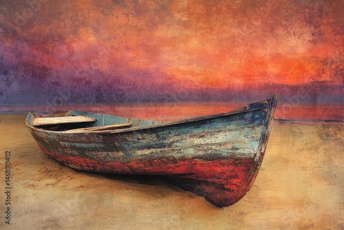 Old, weathered boat resting on the sandy beach with a backdrop of a colorful and textured sunset.