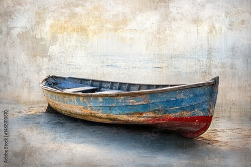 A weathered blue rowboat sits on a sandy beach, resting near the calm, hazy ocean on a quiet day.