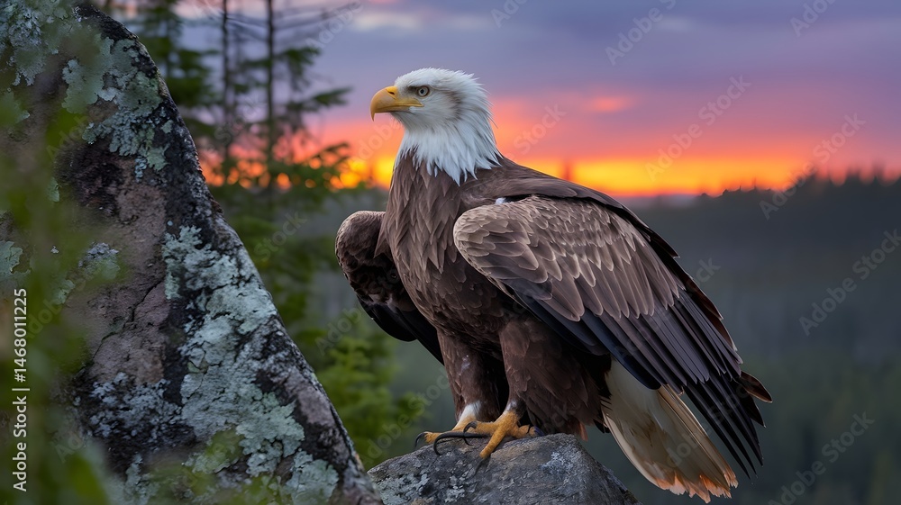 Obraz premium An awe-inspiring bald eagle perched atop a rocky outcrop against the backdrop of a vibrant sunset. The eagle's majestic presence and the stunning sky create a breathtaking scene.