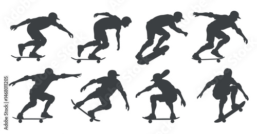 Collection of Skateboarder Silhouettes Performing Various Tricks and Maneuvers