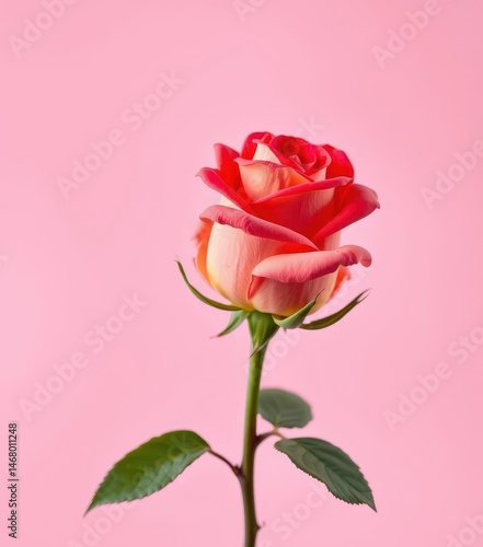 A single, perfect rose in vibrant bloom against a soft pastel pink backdrop, art, beautiful