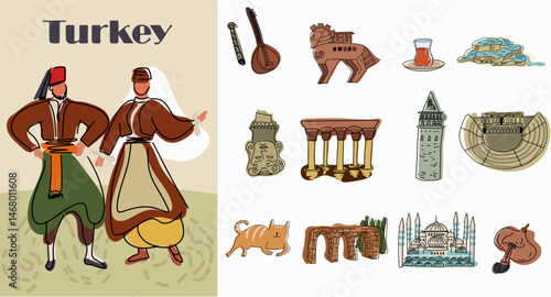 Set of Turkish landmarks, symbols, famous places. Hand drawn line vector illustration.