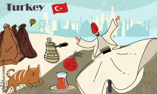 A collage with colorful art of Turkey, Istanbul landmarks, Hand drawn vector line illustration.