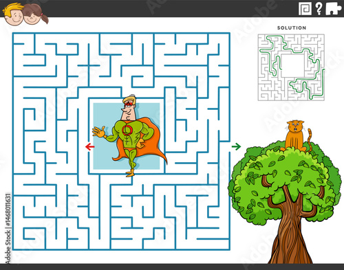 maze activity with cartoon superhero and kitten on the tree