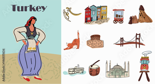 Set of Turkish landmarks, symbols, famous places. Hand drawn line vector illustration.