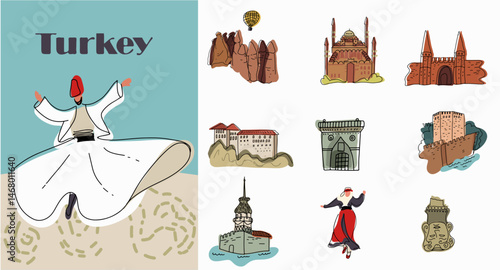 Set of Turkish landmarks, symbols, famous places. Hand drawn line vector illustration.