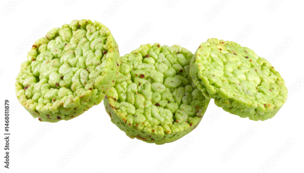 Obraz premium Three wasabi rice crackers levitating on transparent background