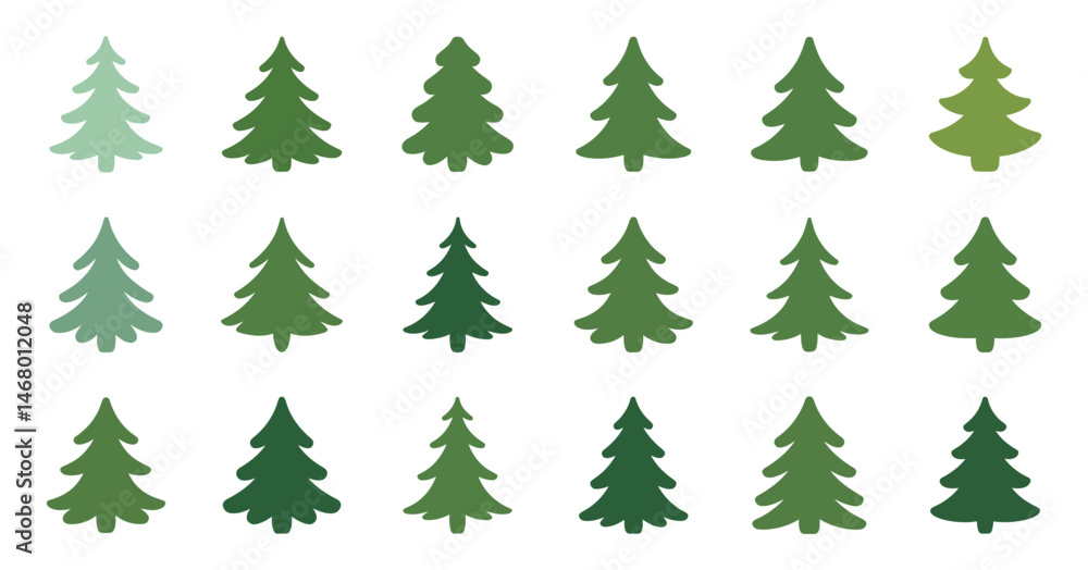 Obraz premium Eighteen Evergreen Trees in Varying Shades of Green for Christmas Designs