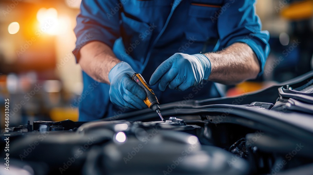 Mechanic fine tunes engine with car repair service in workshop. Mechanic fine tunes engine with car repair service in workshop.