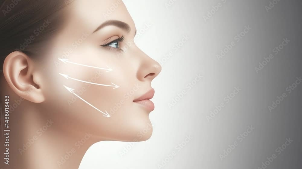 Profile of beautiful woman illustrating facelift techniques with arrows emphasizing principles of cosmetology and plastic surgery for facial rejuvenation and contouring and skin beauty improvement Profile of beautiful woman illustrating facelift techniques with arrows emphasizing principles of cosmetology and plastic surgery for facial rejuvenation and contouring and skin beauty improvement