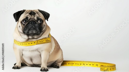 A pug wrapped in a yellow measuring tape sits on a white surface, staring sadly, illustrating the concept of obesity in dogs