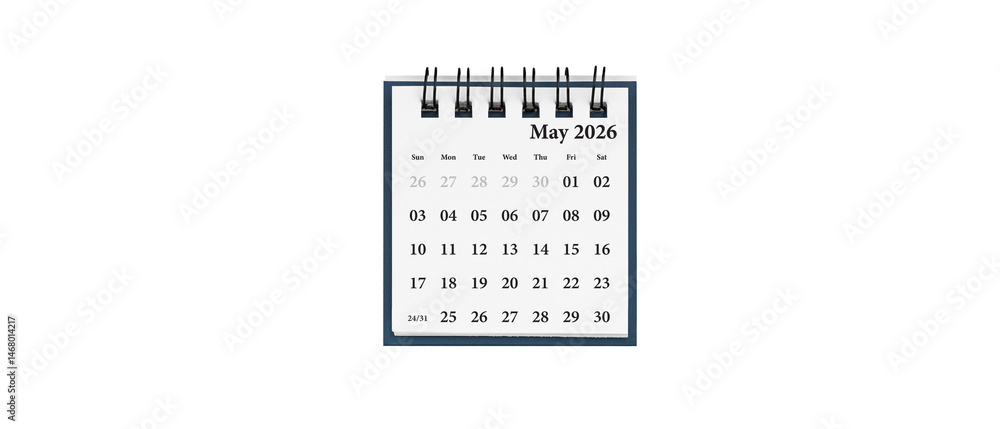 Desktop calendar for May 2026 in white colour. Mini planner for business and finance, spiral view on isolated white background close up.