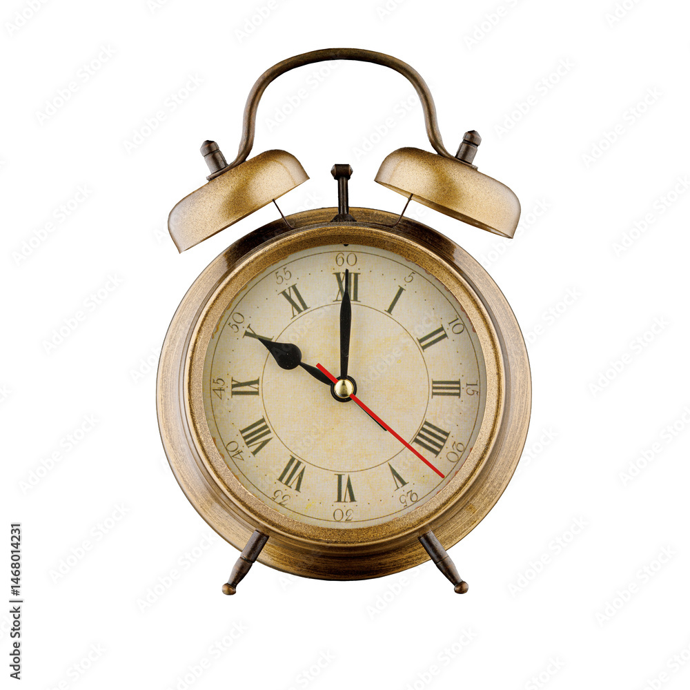 alarm clock, vintage clock with time 10 hours 00 minutes, a.m. 10:00, p.m. 10:00, on isolated white background close-up